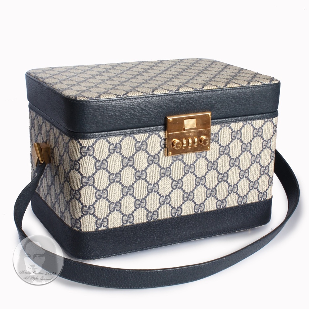 80s Gucci Train Case Vanity Carry On Travel Bag GG Logo Canvas Navy Leather